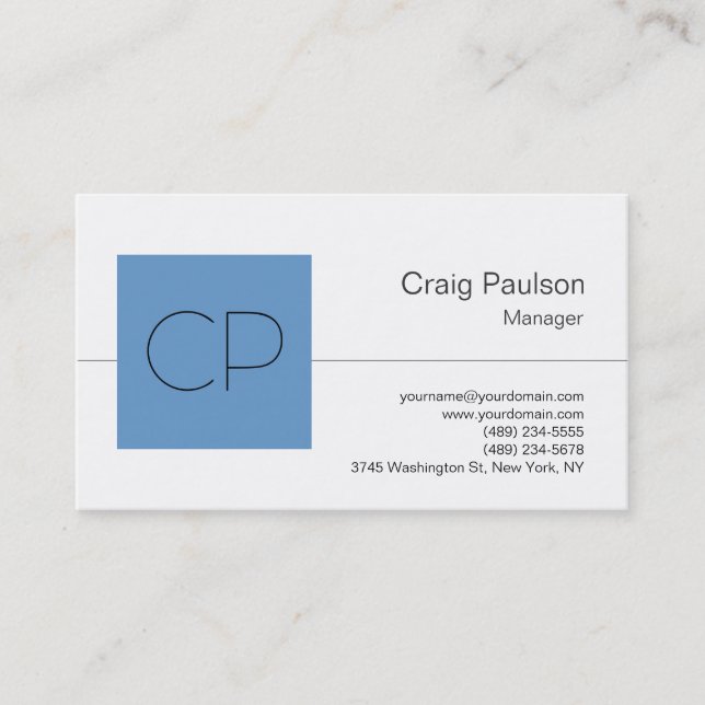 Trendy Blue Grey White Monogram Business Card (Front)
