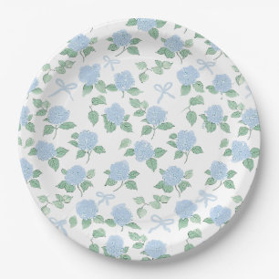 Trendy Blue Hydrangea and Bows Paper Plate