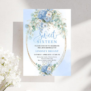 Trendy Blue Hydrangea Gold Frame 16th Birthday  Invitation