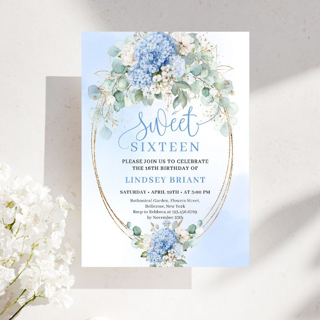 Trendy Blue Hydrangea Gold Sweet Sixteen Party  Invitation (Trendy Blue Hydrangea Gold Sweet Sixteen Party Invite)