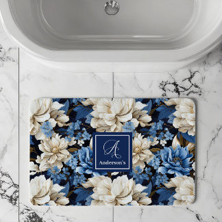 Trendy Blue Ivory Flowers Personalised Bath Mat