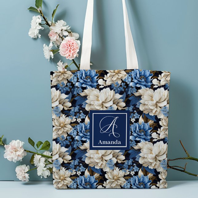 Trendy Blue Ivory Flowers Personalised Tote Bag (Trendy Blue Ivory Flowers Personalized Tote Bag)