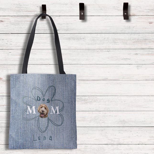 Trendy Blue Jean Dog Photo Mum  Tote Bag (This cute tote has the look of denim, personalized with the name and a picture of your pup!)