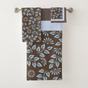 Trendy Blue Leaves on Brown / Monogram Bath Towel Set