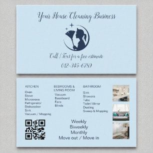 Trendy Blue Maid Cleaning House QR Code Sparkling Business Card