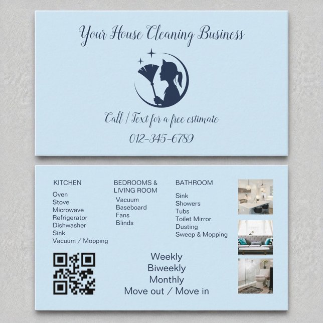 Trendy Blue Maid Cleaning House QR Code Sparkling Business Card (Creator Uploaded)