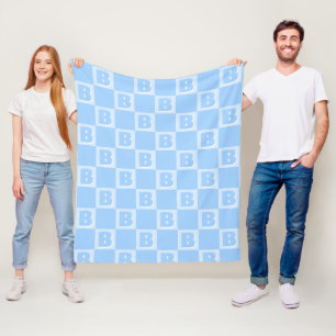 Trendy Blue Monogram Initial Checkered Fleece Blanket