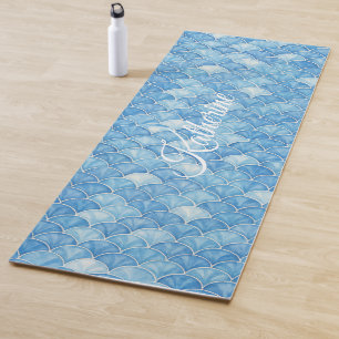 Trendy Blue Ocean Mermaid Scales Custom Name Yoga Mat