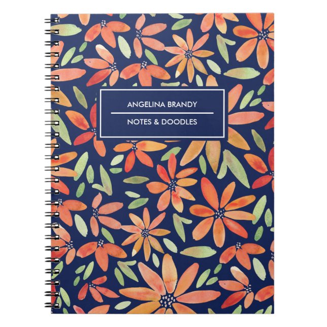 Trendy Blue & Orange Watercolor Flower Notebook (Front)