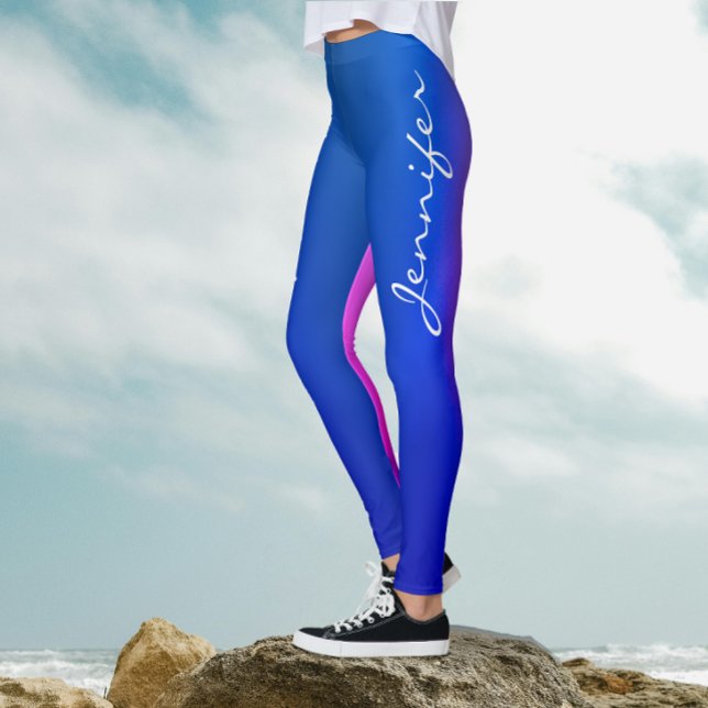 Trendy Blue Pink Bicolor Gradient White Script  Leggings (Creator Uploaded)