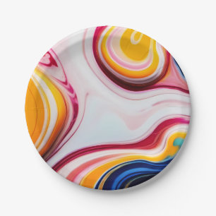 Trendy Blue Pink yellow white faux marble Paper Plate