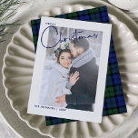 Trendy Blue Plaid Merry Christmas Script Photo Holiday Card<br><div class="desc">This beautiful, modern Trendy Blue Plaid Merry Christmas Script Photo Christmas Holiday Card features your vertical wedding photo behind a white border. The word 'Merry' appears in breakout border fashion in the upper left, followed by the word "Christmas" in a beautiful, bold hand lettered typography, both in dark blue. The...</div>