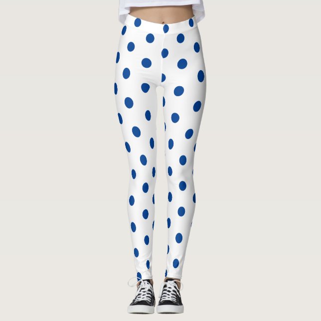 Trendy Blue Polka dot Pattern On White Retro  Leggings (Front)