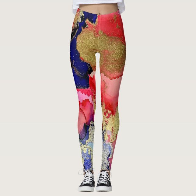 Trendy Blue Red Gold Liquid Art Leggings (Front)
