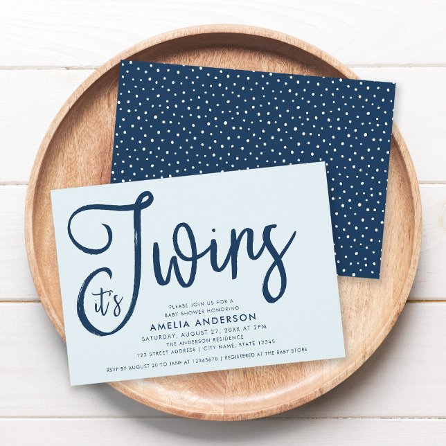 Trendy Blue Script It's Twins Baby Shower Invitation (Creator Uploaded)