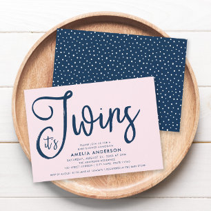 Trendy Blue Script It's Twins Girl Baby Shower Invitation