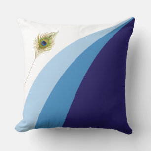 Trendy Blue Shades Wavy Lines & Peacock Feather Cushion