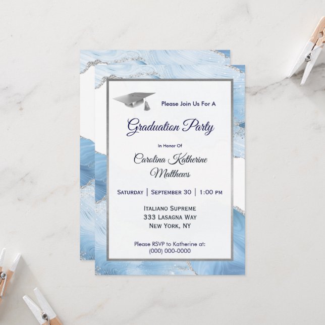 Trendy Blue Silver Agate Graduation Invitation (Front/Back In Situ)