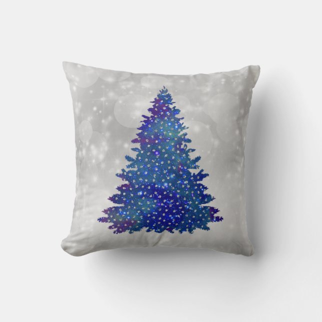 Trendy Blue Silver Glitter Tree Christmas Cushion (Front)