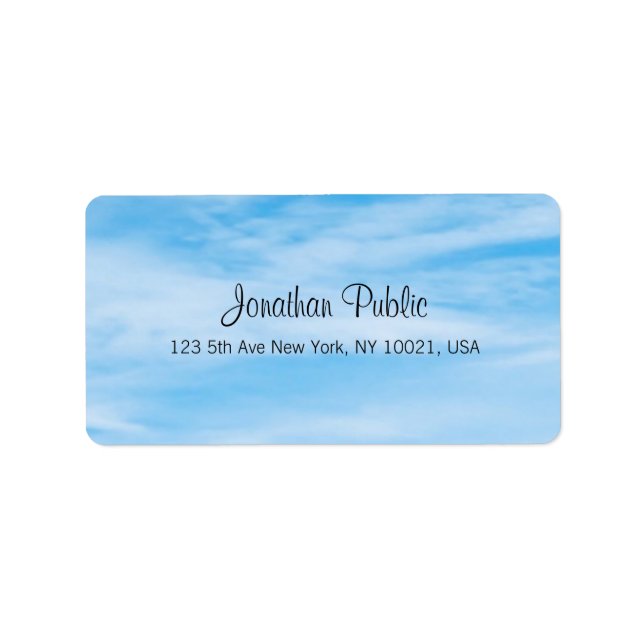 Trendy Blue Sky White Clouds Modern Calligraphy Label (Front)