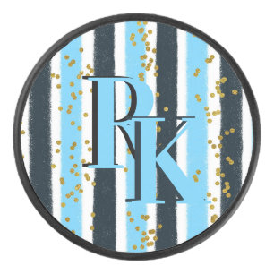 Trendy Blue Stripe Gold Glitter Double Monogram Hockey Puck