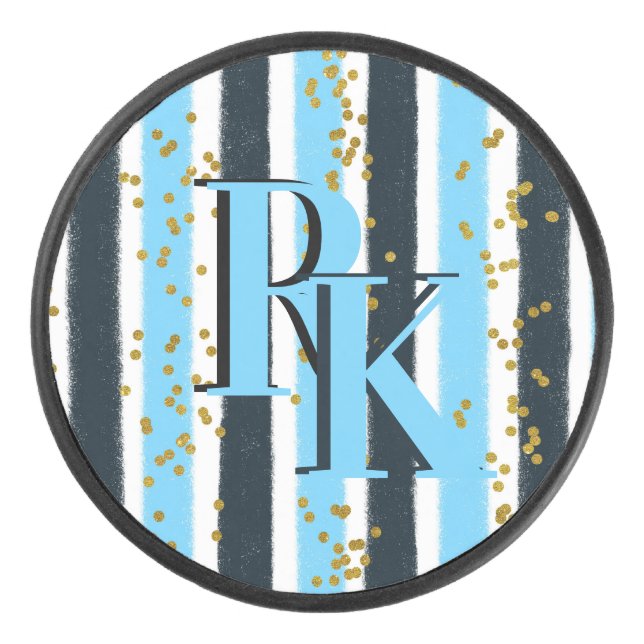 Trendy Blue Stripe Gold Glitter Double Monogram Hockey Puck (Front)