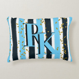 Trendy Blue Stripe Gold Glitter Monogram Glam Decorative Cushion