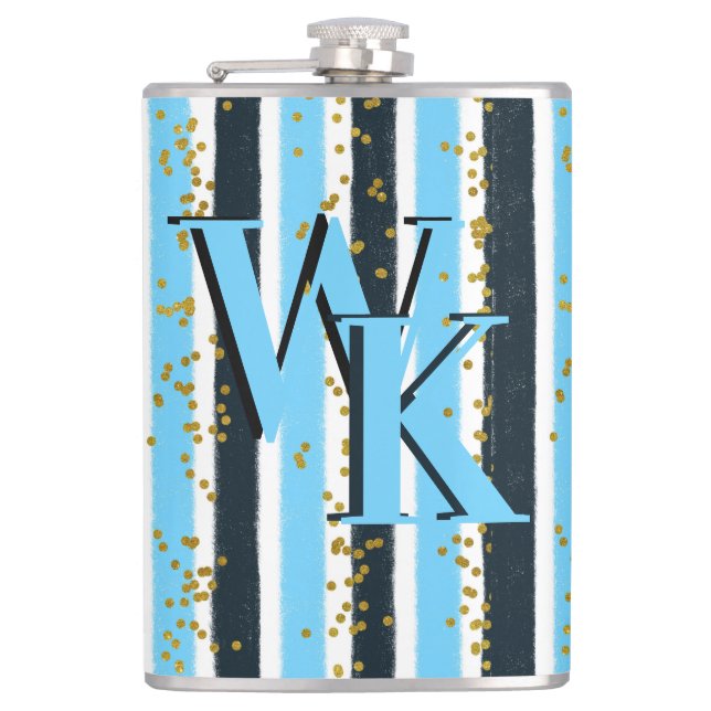 Trendy Blue Stripe Gold Glitter Monogram Glam Hip Flask (Front)