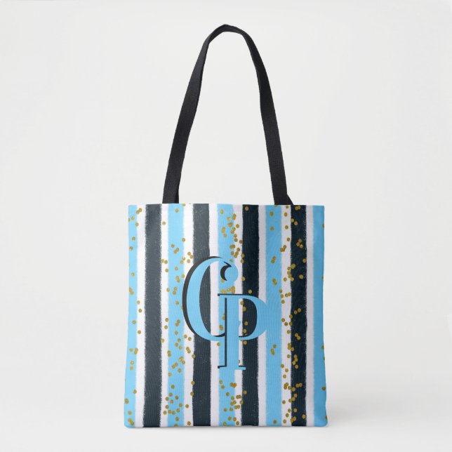 Trendy Blue Stripe Gold Glitter Monogram Glam Tote Bag (Front)