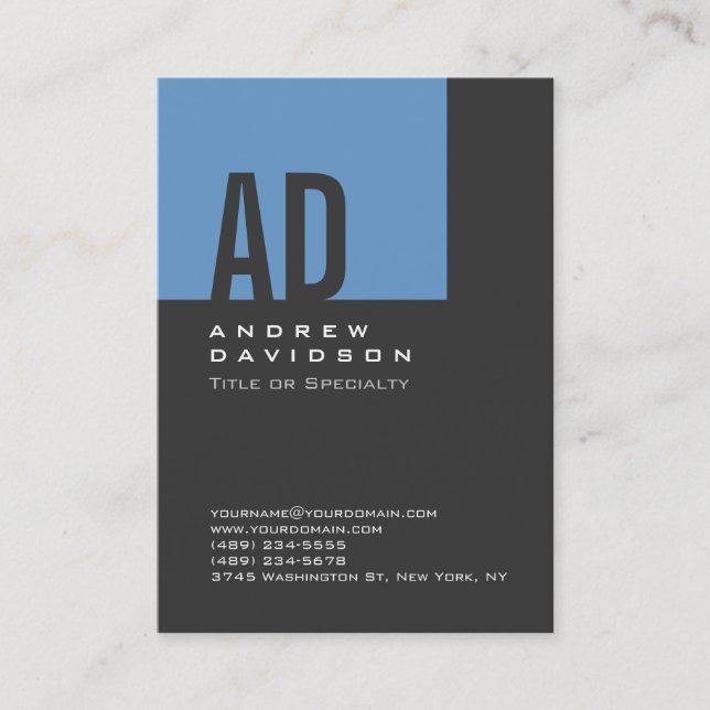 Trendy Blue Stripe Monogram Grey Business Card (Front)