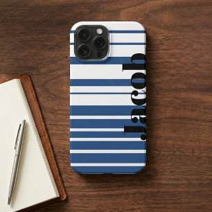 Trendy Blue Striped Custom Name iPhone Case