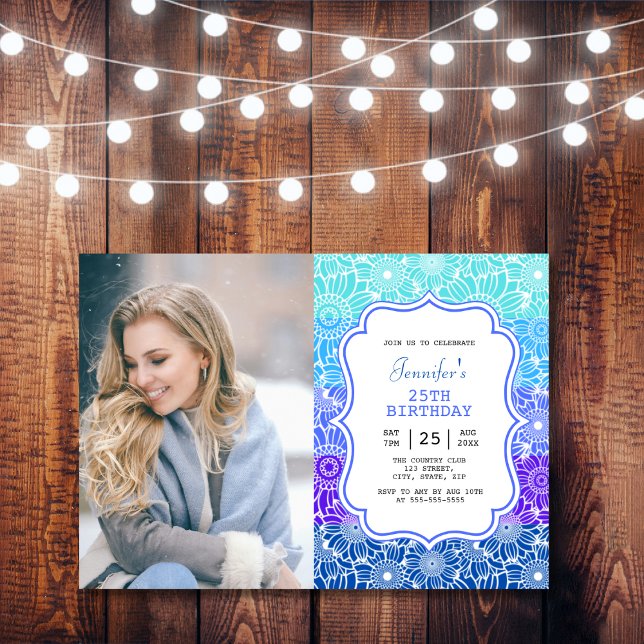 Trendy Blue Stripes Floral Frame Photo Birthday  Invitation (Creator Uploaded)