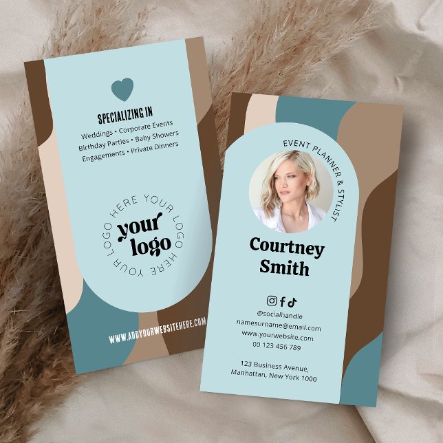 Trendy Blue & Taupe Groovy Retro Logo Photo Business Card (Trendy retro business cards with custom photo and your logo)