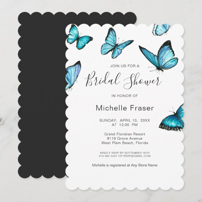 Trendy blue watercolor butterflies bridal Shower Invitation (Front/Back)