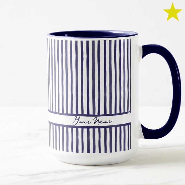Trendy Blue Watercolor Mini Stripes Custom Name  Mug (Creator Uploaded)
