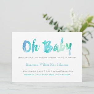 Trendy Blue Watercolor Typography Baby Boy Shower Invitation