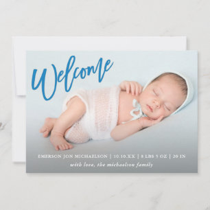 Trendy Blue Welcome Script with Photo Baby Birth Announcement