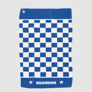 Trendy Blue White Chequered Pattern & Stars Custom Golf Towel