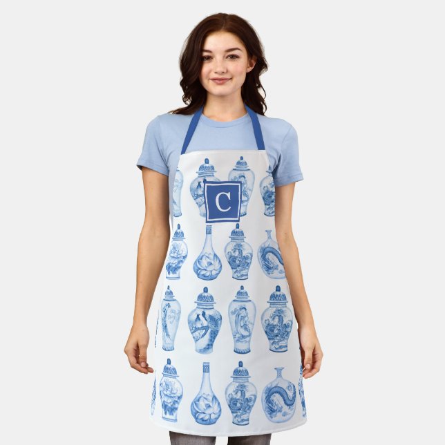 Trendy Blue White Chinoiserie Ginger Jars Monogram Apron (Worn)