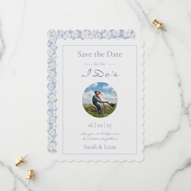 Trendy Blue & White Floral Daisy Photo Wedding  Save The Date (Front/Back In Situ)