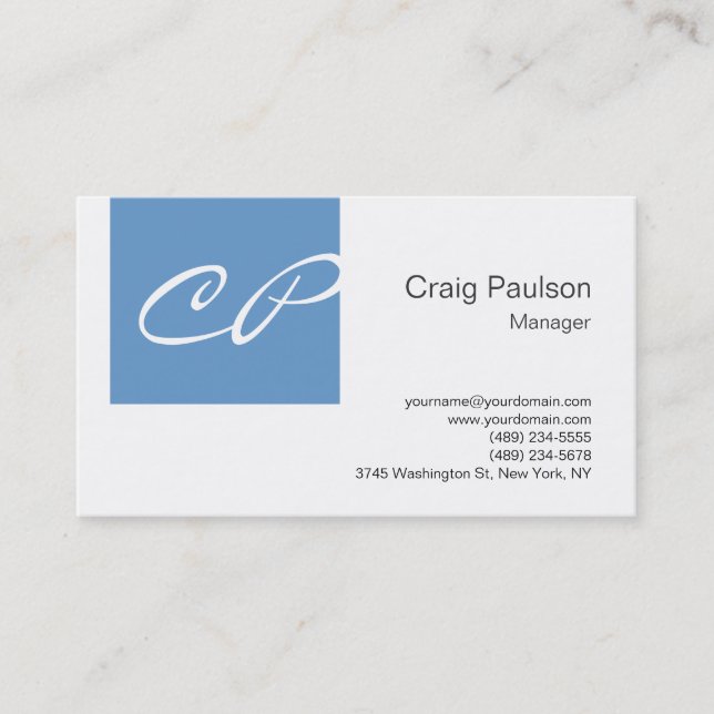 Trendy Blue White Modern Monogram Business Card (Front)