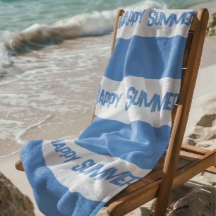 Trendy Blue White Stripe Happy Summer!  Beach Towel