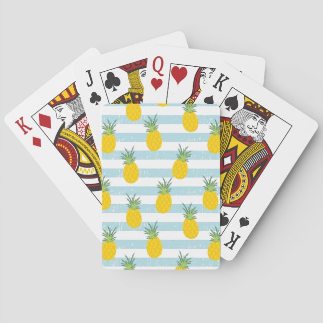 Trendy Blue White Stripes Pineapple Pattern Playing Cards (Back)