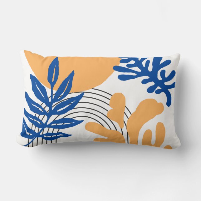 Trendy Blue Yellow Abstract Botanical Shapes Art Lumbar Cushion (Front)