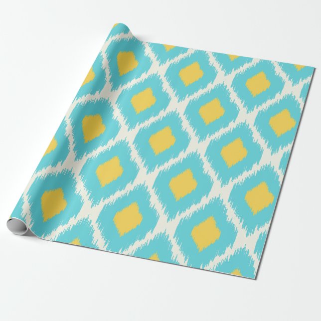 Trendy Blue Yellow Aztec Ikat Tribal Pattern Wrapping Paper (Unrolled)