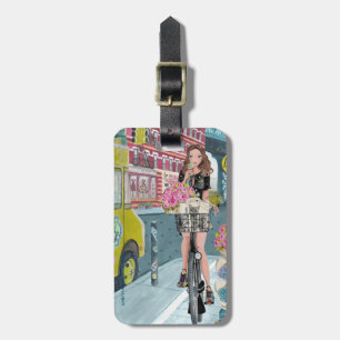 Trendy Blue & Yellow Biking Girl in Brooklyn NY Luggage Tag