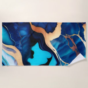 Trendy Blue yellow Gold faux marble Beach Towel