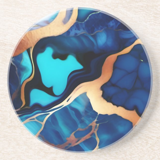 Trendy Blue yellow Gold faux marble Coaster (Front)