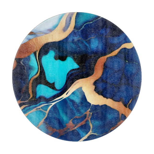 Trendy Blue yellow Gold faux marble Cutting Board (Front)