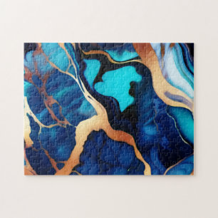 Trendy Blue yellow Gold faux marble Jigsaw Puzzle